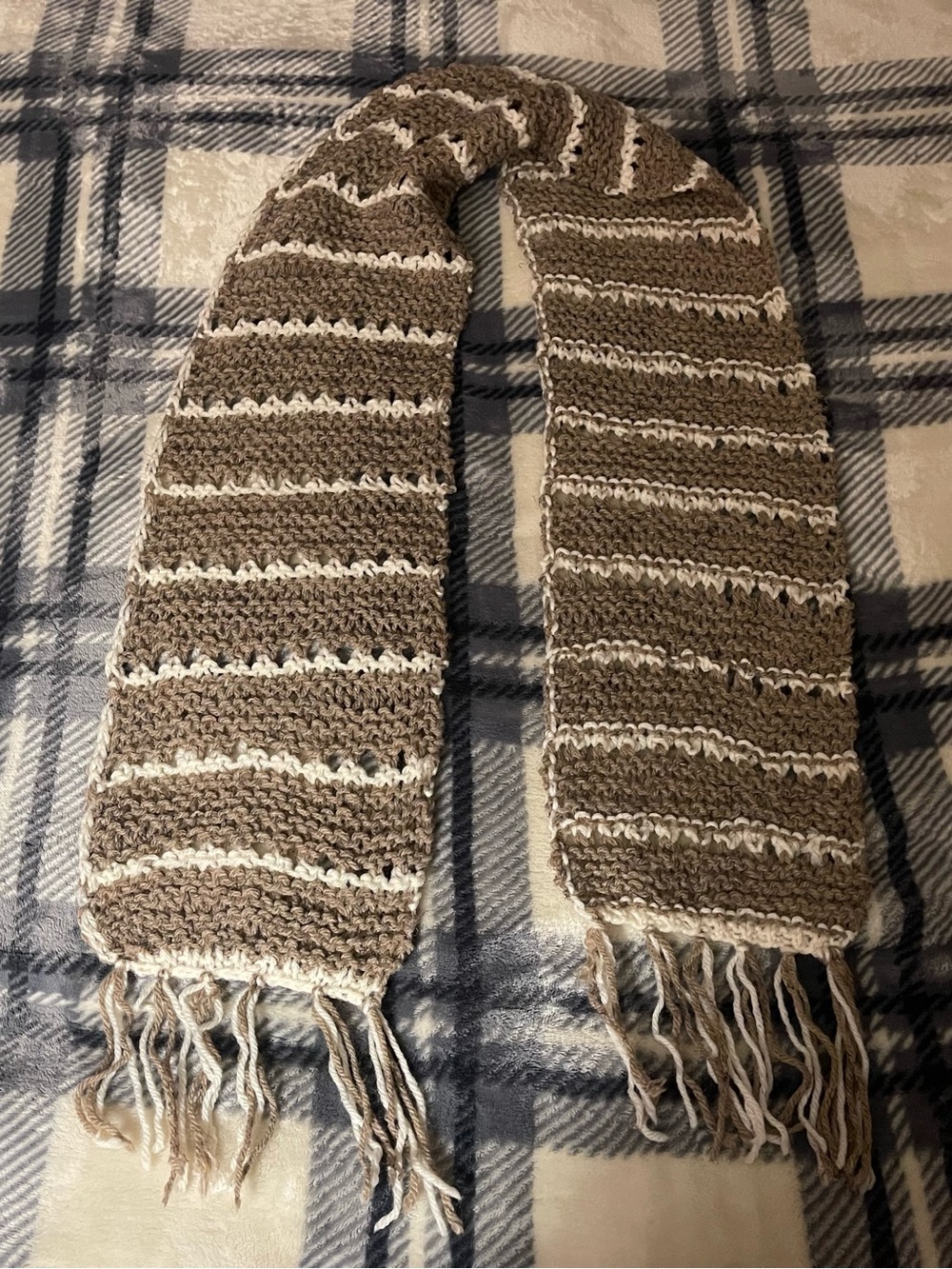 Handmade Striped Knit Scarf in Taupe and Cream
